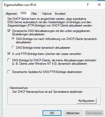 Anpassen der DNS-Einstellungen für einen Bereich auf einem DHCP-Server. (Microsoft / Joos)
