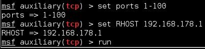 Mit „set ports 1-100“ wird festgelegt, welche Ports das Tool scannen soll. Der Befehl „set RHOST “ legt fest, welche Maschine auf Exploits untersucht werden soll. Mit „run“ wird der Vorgang gestartet. Im Fenster werden danach die offenen Ports angezeigt. (Bild: Thomas Joos)