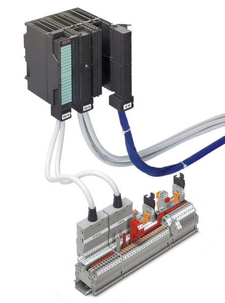 Bild 1: Mit VIP-Power Cabling lassen sich Baugruppen jetzt bis zu 90% schneller als bei einer Parallelverdrahtung an eine S7-300-Steuerung anschließen. (Bild: Phonix Contact)