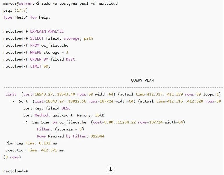 Analyse eines PostgreSQL-Abfrageplans mit „EXPLAIN ANALYZE“ zur Identifikation eines Seq Scan auf „oc_filecache“ als Grundlage für Index-Optimierung. (Bild: Joos - Nextcloud)