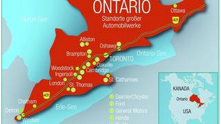Die Karte zeigt Südost-Ontario mit den Standorten der wichtigsten Automobilwerke. Bild: Communication Consultants (Archiv: Vogel Business Media)