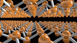 Auf Hochleistungsrechnern haben die Wissenschaftler eine zweischichtige Bienenwabenstruktur mit kleinen Auswölbungen aus blauem Phosphor modelliert. Diese Verbindung ist äußerst stabil und besitzt durch den geringen Abstand zwischen den beiden Schichten metallische Eigenschaften.  (Jessica Arcudia)