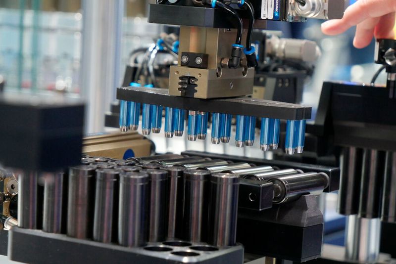 Schunk befasst sich auf der Automatica mit dem großen Thema Batteriezellenproduktion. So können etwa Rundzellen in der Umsetzungs- und Testeinheit neu orientiert werden, um im Anschluss mit dem Greifer PSH und einer integrierten Messspitze die Funktionalität der Batterien zu testen.  (Bild: Sandro Kipar/VCG)