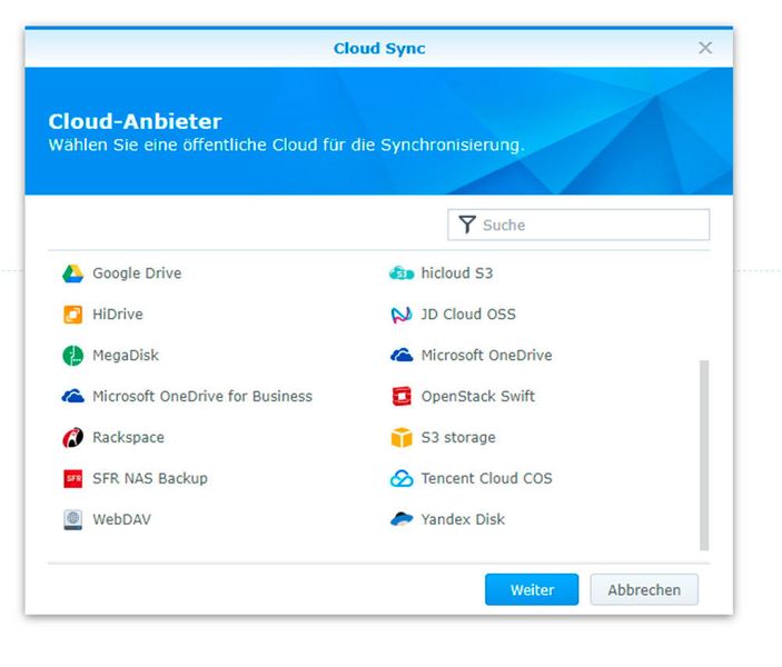 Mit „Cloud Sync“ können lokale Verzeichnisse auf dem NAS mit verschiedenen Cloud-Speichern synchronisieren. (Synology)