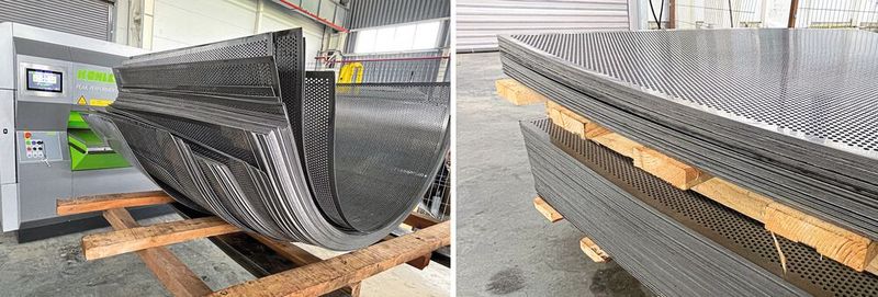 Wie sich das Blech beim Lochen verhält, weiß man vorher nie, Verwerfungen und Spannungen ergeben sich beinahe willkürlich. Das Richten ist unerlässlich, um ebene und nahezu spannungsfreie Bleche zu erhalten, die ohne manuelle Nachbearbeitung weiterverarbeitet werden können.  Links Lochbleche vor dem Richten, rechts nach dem Richten mit einem Peak Performer. (Bild: Kohler)