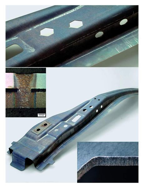 Bild 4: Durch kombiniertes Schneiden und Schweißen bearbeitete B-Säule mit Querschnitt der Überlapp-Schweißnaht im Verstärkungsblech und Details der Schnittkonturen. Bilder: Fraunhofer ILT (Archiv: Vogel Business Media)