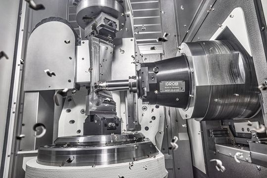 Auch Grob-Werke lässt sich einen Auftritt auf der EMO Hannover 2023 nicht nehmen. Immerhin handelt es sich um einen der treuesten Aussteller, wie man erfährt. Grob hat Zerspanungs- und Automatisierungssysteme zu zeigen. Darunter eine der größten je ausgestellten Anlagen.(Bild:  Grob-Werke)