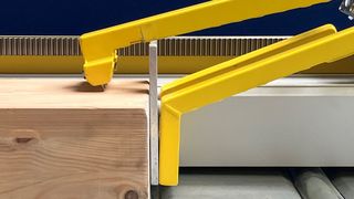 Der Materialschieber der Zimmereimaschinen positioniert Werkstücke mittels eines Lifgo-5.1-Zahnstangengetriebes von Leantechnik millimetergenau vor dem Sägeblatt. 

 (Bild: Avola Maschinenfabrik A. Volkenborn GmbH & Co. KG)