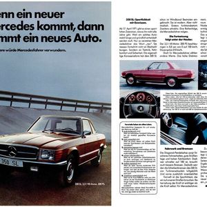 Der Mercedes-Benz 350 SL in einer Werbung aus dem Jahr 1971 – überzeugtes Understatement.(Bild:  Daimler AG)