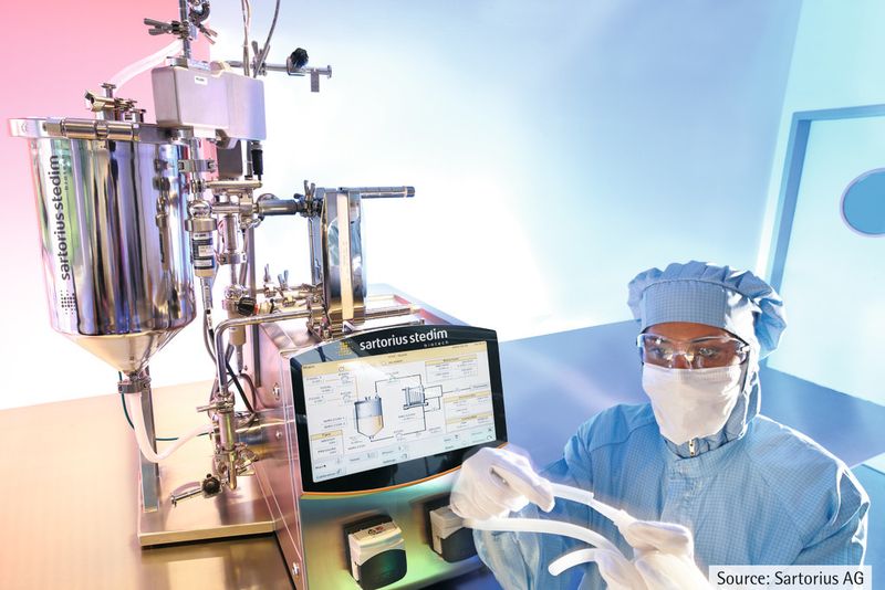 In several filtration steps, the target protein is purified until the only active pharmaceutical ingredient in the desired concentration remains. Sartoflow Advanced is used in ultra-, micro- and diafiltration to purify vaccines, monoclonal antibodies or recombinant proteins. (Picture: Sartorius)