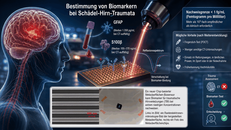 Ein neuer Chip-basierter Metaoberflächen-Biosensor kann Biomarker für traumatische Hirnverletzungen (TBI) bei extrem niedrigen Konzentrationen nachweisen. (Bild:  KI-generiert / Guangyuan Li, Beijing Institute of Technology)
