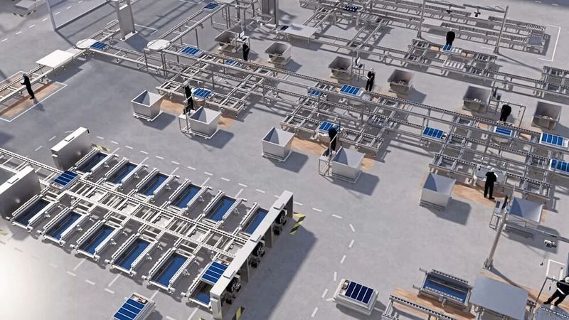 Eine aus modularen Standardkomponenten aufgebaute Anlage für Batteriefertigung und -recycling stellt Bosch Rexroth in Hannover in der «Application Area» vor.   (Bild: Bosch Rexroth)
