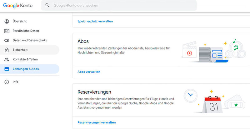 Verwalten der Einstellungen eines Google-Kontos und der hinterlegten Abos und Zahlungsinformationen.