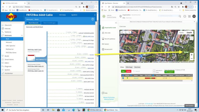 Abbildung 41: Links: Die lokale FRITZ!Box 6660 Cable. Rechts: Die Zyxel Nebula Cloud, hosted by Amazon AWS in Irland. Damit kann man auch größere Firmen-Netze von jedem Internet-versorgten Sofa der Welt fern-managen. (Bild: Harald Karcher)