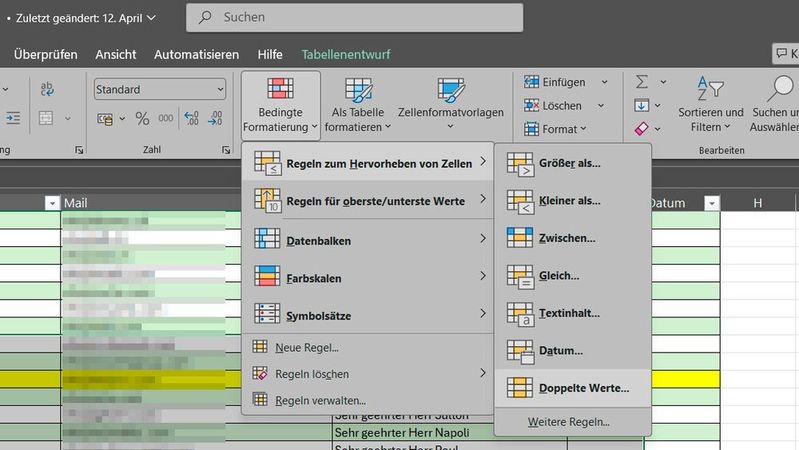 In Excel lassen sich Duplikate schnell identifizieren.(Bild:  Joos – Microsoft)