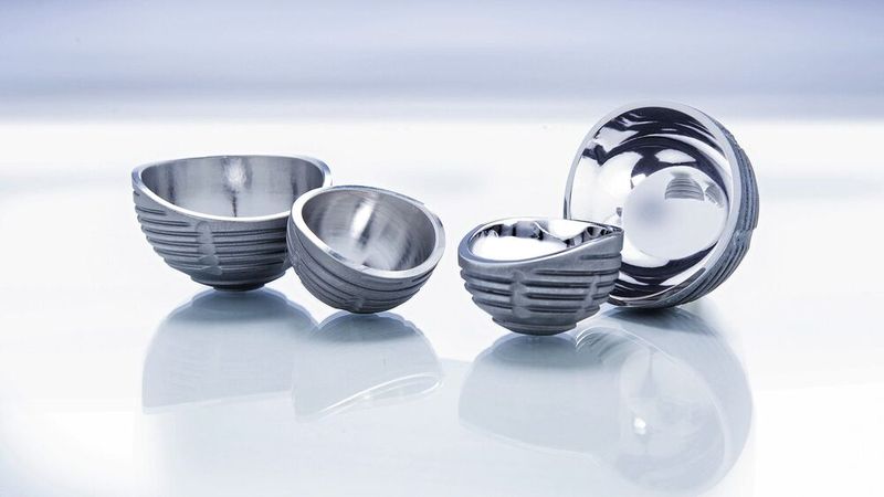 Hüftpfannen vor und nach dem Feinschleifen und Polieren: Rauheitswerte deutlich unter 0,05 µm werden zuverlässig erreicht, bei Einhaltung aller Formtoleranzen.(Bild:  Rösler Oberflächentechnik)