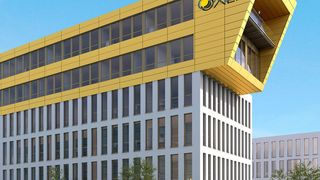 Visualisierung von Oxeas neuer Unternehmenszentrale: Als architektonische Besonderheit ragen die beiden obersten Stockwerke in Periskop-Form über das Gebäude hinaus. (Oxea)