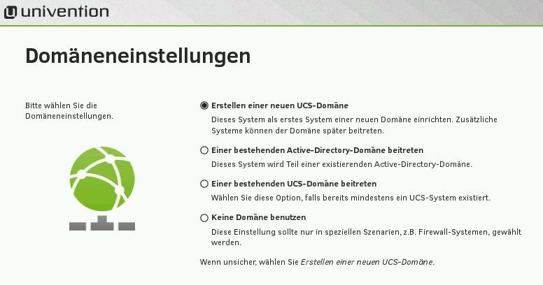 Abbildung 1: Während der Installation von UCS werden Administratoren von einem Assistenten unterstützt. Dieser hilft auch bei der Einrichtung der Domäne, oder der Mitgliedschaft von UCS in einem Active Directory. (Bild: Joos)