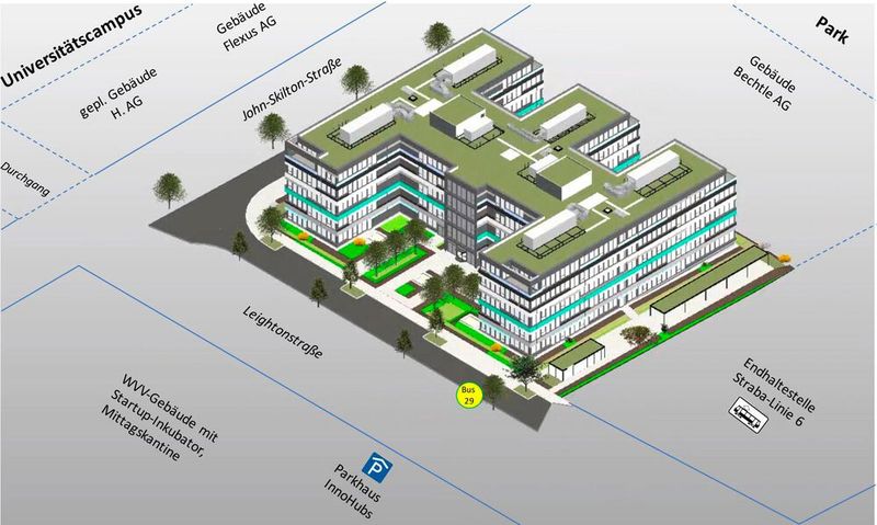 Das fünfstöckige Gebäude ist in unmittelbarer Nähe zur Universität Würzburg und zur Landesgartenschau. (Bild: InnoHubs)