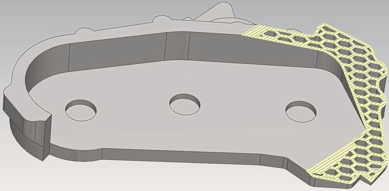 The optimised component made of PA6 GF30 in the representation of the NX program with a weight-optimised lattice structure. (Source: Naddcon)