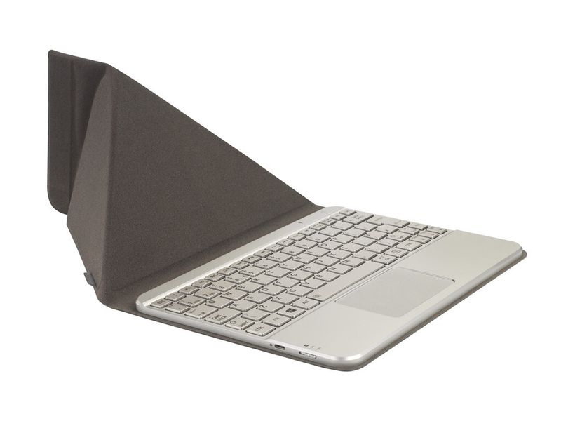 Die Display-Abdeckung der optionalen Tastatur lässt sich zum Aufsteller für das Tablet falten. (Bild: Toshiba)