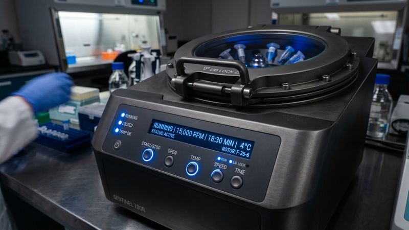 Was im Laboralltag reibungslos funktionieren muss, stellt Konstrukteure vor besondere Herausforderungen: Zentrifugen erfordern kompakte Antriebe, die hohe Fliehkräfte erzeugen, ohne dabei schädliche Verlustwärme abzugeben.(Bild:  © Numan – stock.adobe.com / KI-generiert)
