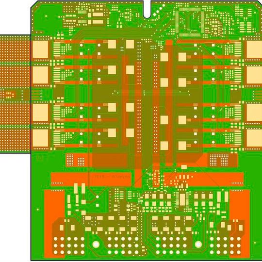 Bild 1: Kontur der Leiterplatte mit 195 mm x 152 mm für die Motorsteuerung. Rot dargestellt ist die Position der im Multilayer verpressten Kupferprofile für Entwärmung und Hochstrom.(Bild:  Häusermann)
