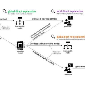 Mithilfe von IBMs Toolkit „AI Fairness 360“ soll es möglich sein, auf zwei Wegen zu erklärbaren KI-Ergebnissen zu gelangen: den „Local-direct-“ bzw. „Local-post-hoc-“-Erklärungen. Deutlich ist zu sehen, dass die „Black Box“ links unten unerwünscht ist. (IBM)