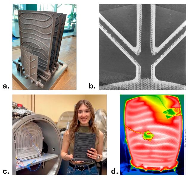 a. Additiv gefertigte Hochtemperatur-Wärmeradiatoren-Prototypen aus Titan mit eingebetteten verzweigten Heatpipe-Netzen (75×125 und 200×260 mm Paneele); b. Röntgen-CT-Scan des Radiators, bei dem man die interne poröse Gewebeschicht für eine passive Flüssigkeitszirkulation sehen kann; c. Die Doktorandin der Penn State University, Tatiana El Dannaoui, installiert einen Kühler-Prototypen in einer Thermalvakuum-Testanlage, um den Betrieb in Weltraumumgebungen zu simulieren. d. Wärmebild eines Heatpipe-Radiators, der in einer Vakuumkammer betrieben wird.  (Bild: Penn State University)