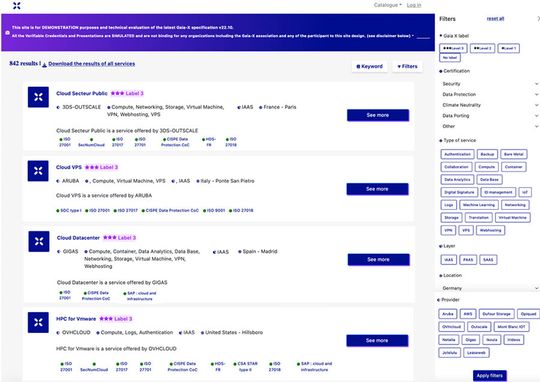 Die Dienste nach Gaia-X-Label lassen sich nach Art des Service und Layer (IaaS, PaaS, SaaS), Zertifizierungen und Lokalisierung sowie nach Anbieter filtern.(Bild:  GXFS-FR Demo Screenshot)