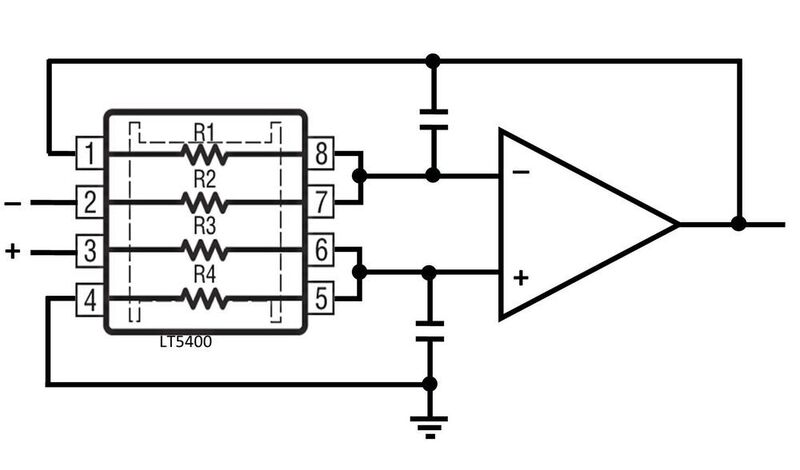 Bild 2: Differenzverstärkerschaltung mit dem Widerstandsetzwerk LT5400. (Analog Devices)