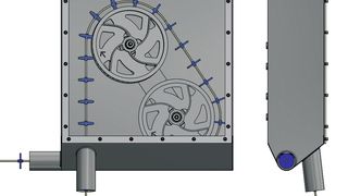 Anordnung von zwei Umlenkrollen in der neuen Umlenkstation SFA60, die aktuell zum Patent angemeldet ist: Eintritt der Förderstrecke vertikal, Abzug mit unterer Rolle horizontal nach links außen (Bild: Wessjohann)