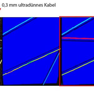 Vergleich der Messergebnisse für „0,3 mm ultrafeines Kabel“: Originalbild (links), KI-Entfernungsmesssystem mit zwei Objektiven (Mitte), KI-Entfernungsmesssystem mit drei Objektiven (rechts)(Bild:  Kyocera)