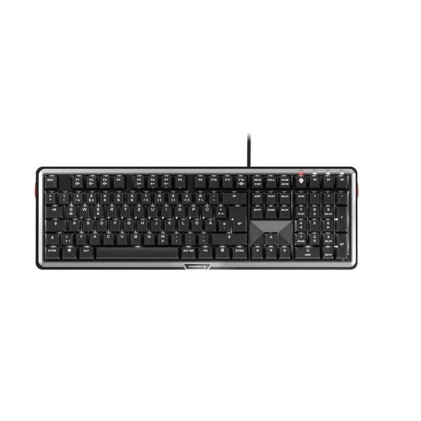 Die weiße Hintergrundbeleuchtung des MX Board 5.0 kann gedimmt werden. Die Schriftart für die Zeichen auf den Tastenkappen wurde speziell für das Keyboard entworfen.  (Cherry)