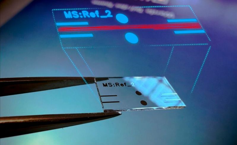 Kompaktes Atomgravimeter: Im Glas integrierte Lichtwellenleiter führen das Laserlicht präzise durch das System. Evaneszenz-Koppler ermöglichen dabei eine beliebige Aufteilung des Lichts.(Bild:  © Fraunhofer IZM | Simulation: Jackson Kocis)
