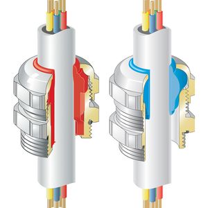 Hochwertige Kabelverschraubungen unterscheiden sich von Standard-Lösungen durch die bessere und schonende Abdichtung: Bei der UNI Dicht (l.) und der blueglobe (r.) schmiegt sich der Dichteinsatz perfekt an das Kabel an und erreicht so die Schutzart IP68.