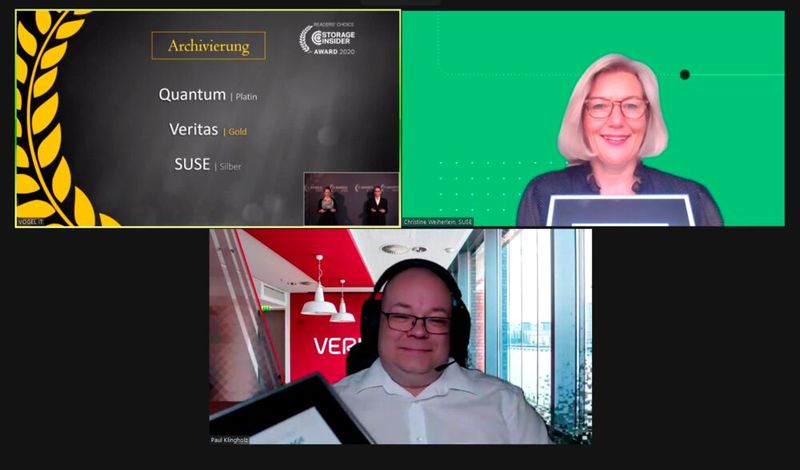 In der Kategorie „Archivierung“ ging Platin an Quantum. Den Gold-Award bekam Veritas (vertreten durch Paul Klingholz, u.), und Silber konnte Christine Weiherlein (o.r.) für SUSE entgegennehmen. (Bild: Vogel IT-Medien)