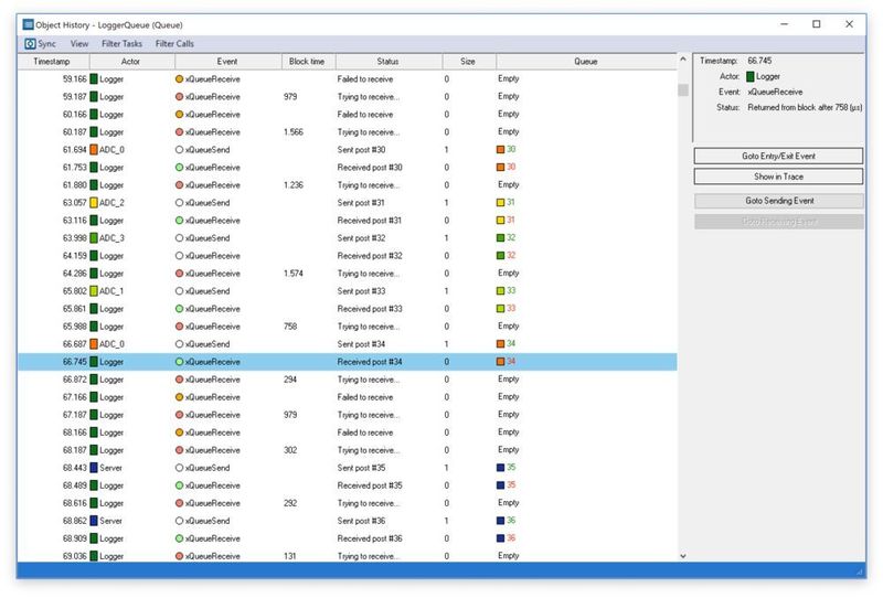 Bild 6: Die Objekthistorien-Ansicht macht die Operationen an einer bestimmten Message Queue sichtbar.  (Percepio)