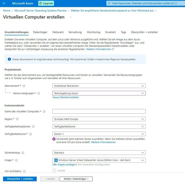 Azure-VMs mit Windows Server vNext lassen sich an die eigenen Anforderungen anpassen. Die Preview steht kostenlos zur Verfügung. (Bild: Joos)