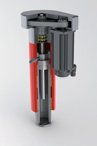 Bild 5: Das von einem Servomotor angetriebene elektromechanische Planetengewindetriebe bewegt hohe Kräfte bei gleichzeitig geringem Bauraum. (Bild: Solomatic)
