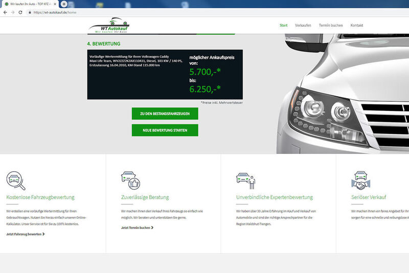 Mithilfe der Fahrzeug-Identitätsnummer wird auf der Webseite ein Gebrauchtwagen bewertet und ein unverbindliches Ankauf-Angebot unterbreitet. (Grimm/»kfz-betrieb«)