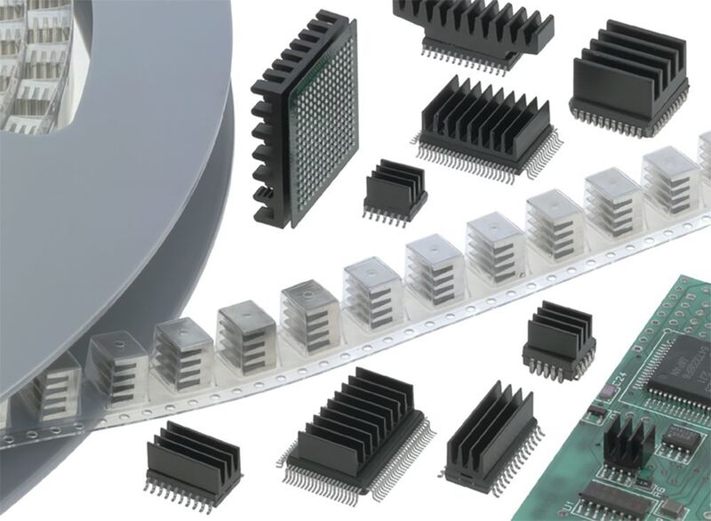 Bild 2:  Kleinste SMD-Kühlkörper mit geringem Gewicht sind auf die Leiterkarte aufzulöten oder auf dem Bauteil zu verkleben. (Fischer)