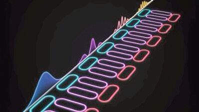 Konzeptdarstellung des programmierbaren CRIT-Photonikchips: Optische Pulse ändern beim Durchlaufen der Schaltung ihre zeitliche Verzögerung und ihre Frequenzeigenschaften. (Bild:  Seoul National University College of Engineering)
