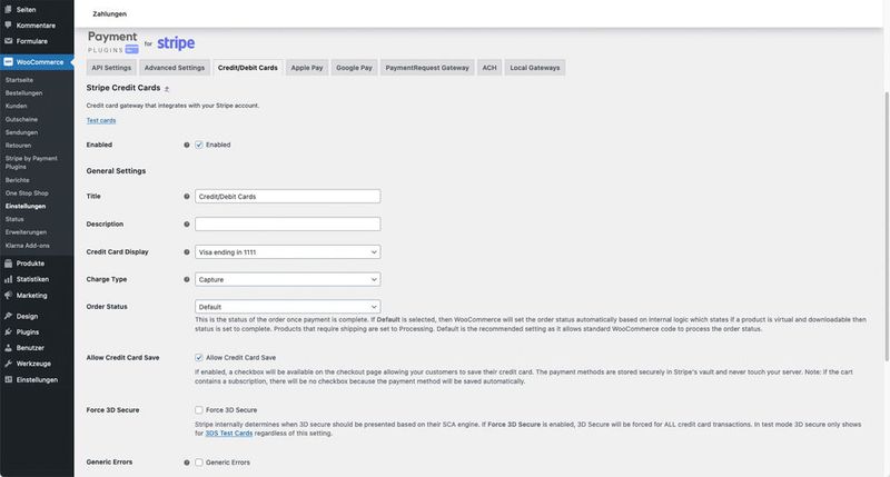 Wie bei PayPal setzt die Konfiguration des Stripe-Plug-ins einen entsprechenden Stripe-Account voraus. Danach kann die installierte und aktivierte Erweiterung über die Zahlungs-Einstellungen von WooCommerce konfiguriert werden. Hier stehen nun mehrere Einträge für neue Zahlungsmethoden bereit, die von dem Stripe-Plug-in hinzugefügt wurden.