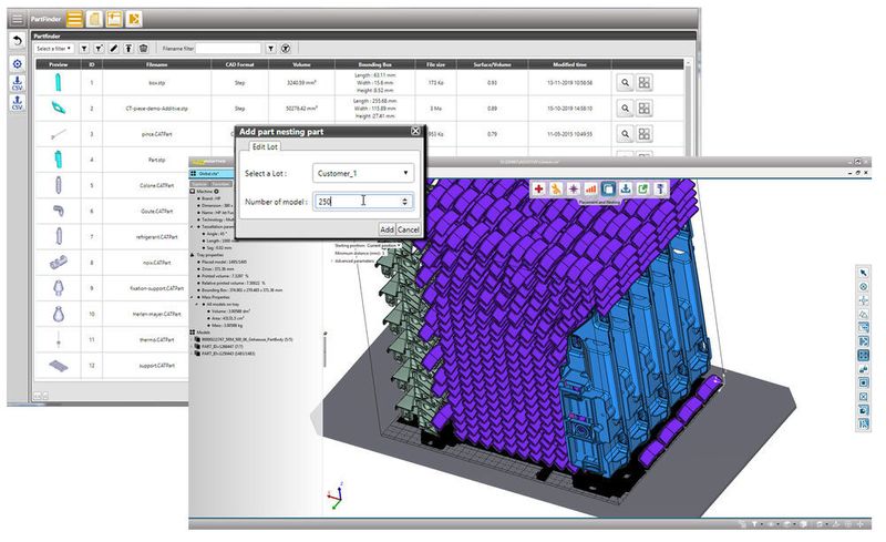 Die weiterentwickelte Version der Software 4D_Additive von Core Technologie umfasst ein Batchnesting-Tool, mit dem die in der systemeigenen Datenbank hinterlegten CAD-Modelle wie in einem Webshop bestellt und automatisch an den Printer gesendet werden. Die Anordnung und Orientierung der Bauteile, das Nesting, findet automatisch statt. (Core Technologie)