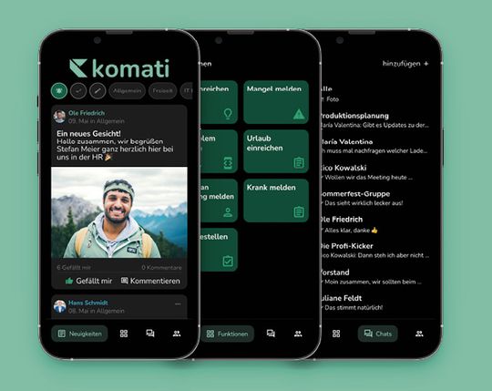 (Der Neuigkeiten-Feed von komati (links), Prozessansicht in komati (Mitte) und die Chat-Übersicht (rechts). Bild: www.komati.app)