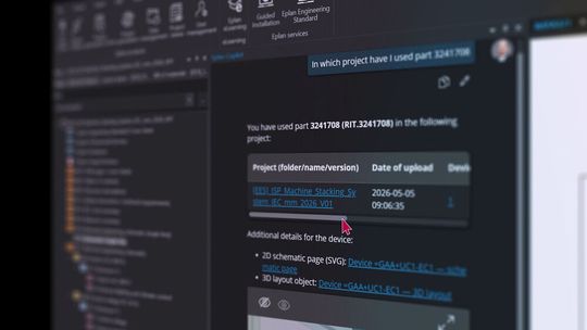 Direkt integriert: Der Eplan Copilot unterstützt Anwender der neuen Version zum Beispiel mit schnellen projektübergreifenden Artikelrecherchen oder konkreten Handlungsempfehlungen. (Bild:  Eplan)