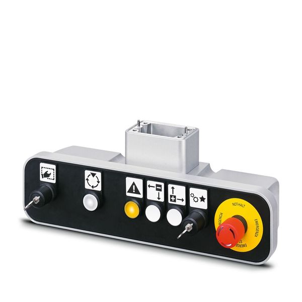 Über die Erweiterungsbox können Not-Halt, Taster und Befehlsgeräte in das Bedienkonzept eingebunden werden. (Bild: Phoenix Contact)