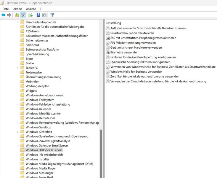 Die Einrichtung von Windows Hello for Business erfolgt über das Setzen von Gruppenrichtlinien. (Bild: Joos)