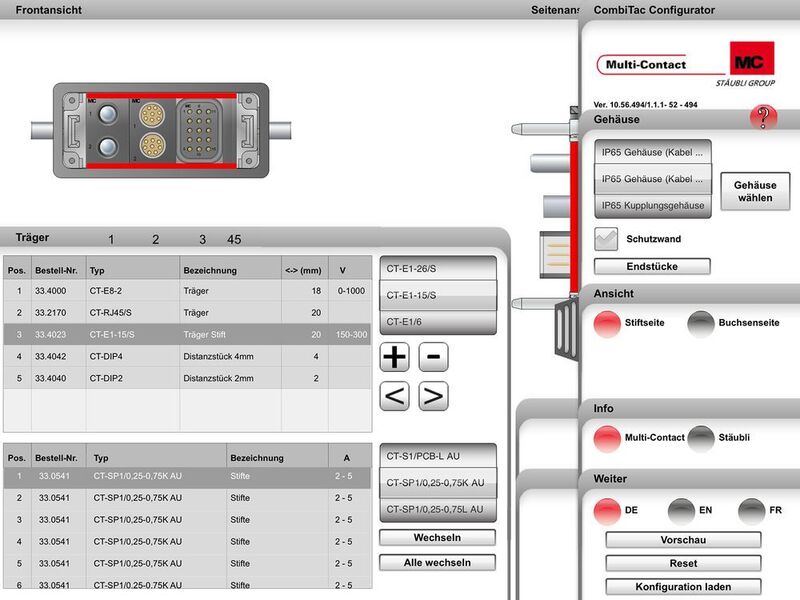 Die App CombiTac Configurator ermöglicht den Zugriff auf ein ein modulares Steckverbindersystem zur jeweils benötigten Kombination. (Multi-Contact)